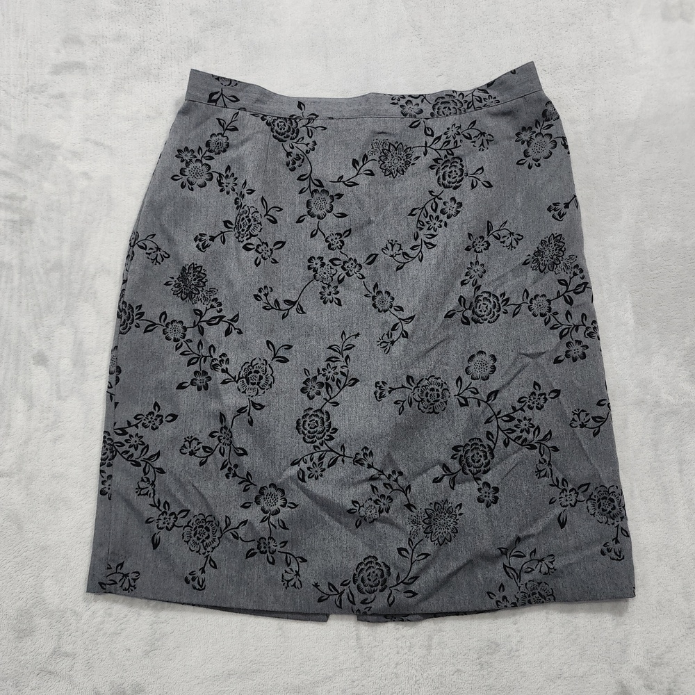 Vintage Laura Scott Skirt Womens 16 Gray Black Floral Twill Pencil Office Preppy